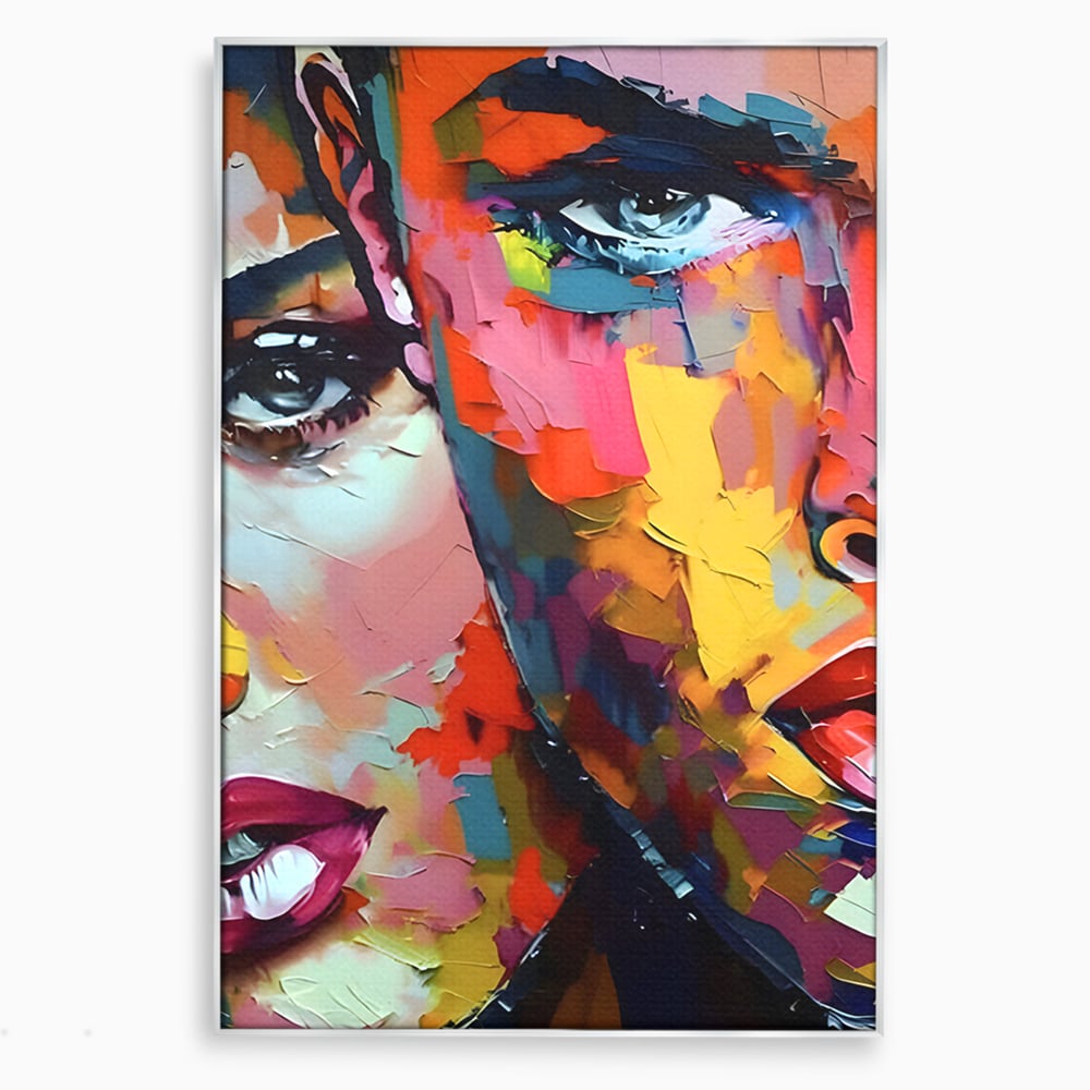 Tablou canvas cu tablou canvas cu chipuri in culori vibrante, in rama de aluminiu argintiu